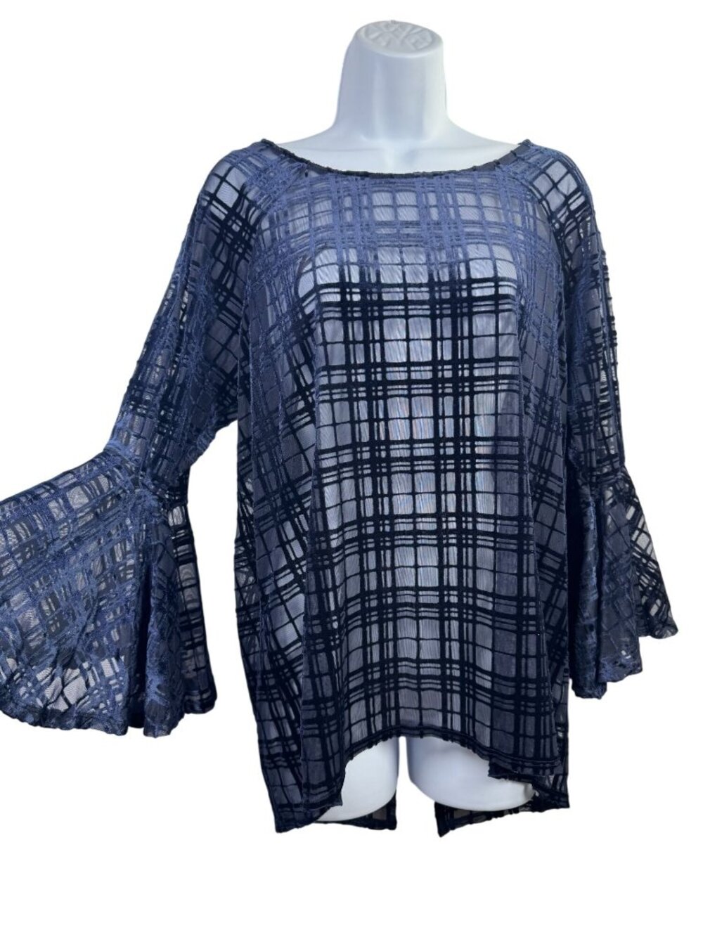Lauren Conrad Runway Sheer Navy Plaid Bell Sleeve Top Women Sz Large Whimsigoth